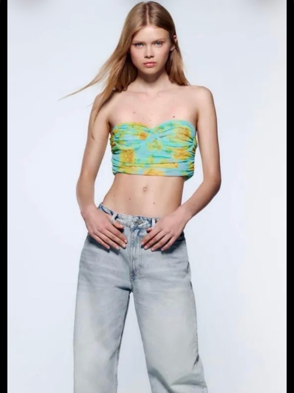 ZARA Neon Floral Mesh Ruched Corset Bustier Top Size Large